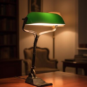 K&ouml;nnte beinhalten: Antike Schreibtischlampe mit gr&uuml;nem Glasschirm. Die Lampe hat einen dunklen Metallsockel und einen gebogenen Arm. Die Lampe steht auf einem Holzschreibtisch in einem schwach beleuchteten Raum. Die Lampe ist eingeschaltet und beleuchtet den Schreibtisch.