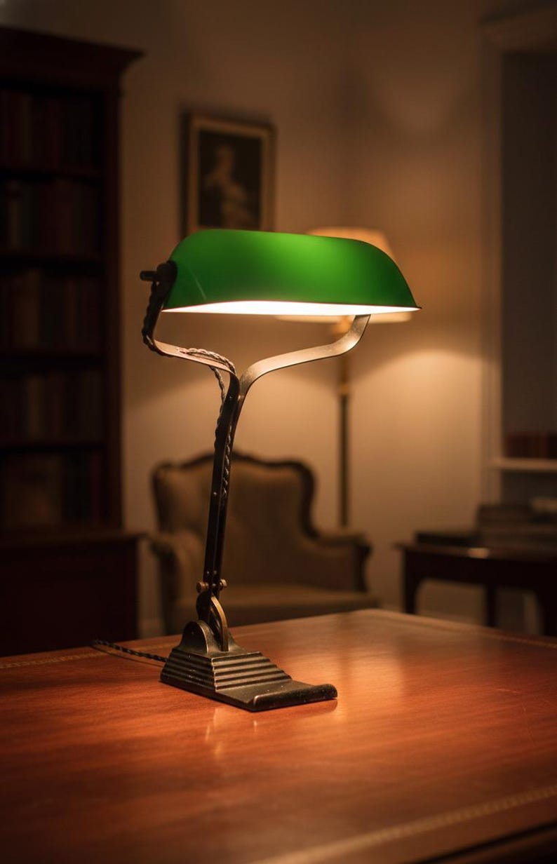 K&ouml;nnte beinhalten: Antike Schreibtischlampe mit gr&uuml;nem Glasschirm. Die Lampe hat einen dunklen Metallsockel und einen gebogenen Arm. Die Lampe steht auf einem Holzschreibtisch in einem schwach beleuchteten Raum. Die Lampe ist eingeschaltet und beleuchtet den Schreibtisch.