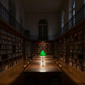 K&ouml;nnte beinhalten: Bibliotheksinterieur mit einem langen Holztisch, der von einer gr&uuml;nen Schreibtischlampe beleuchtet wird. B&uuml;cherregale mit B&uuml;chern s&auml;umen den Tisch. Der Raum hat eine klassische, akademische Atmosph&auml;re mit dunkler &Auml;sthetik.