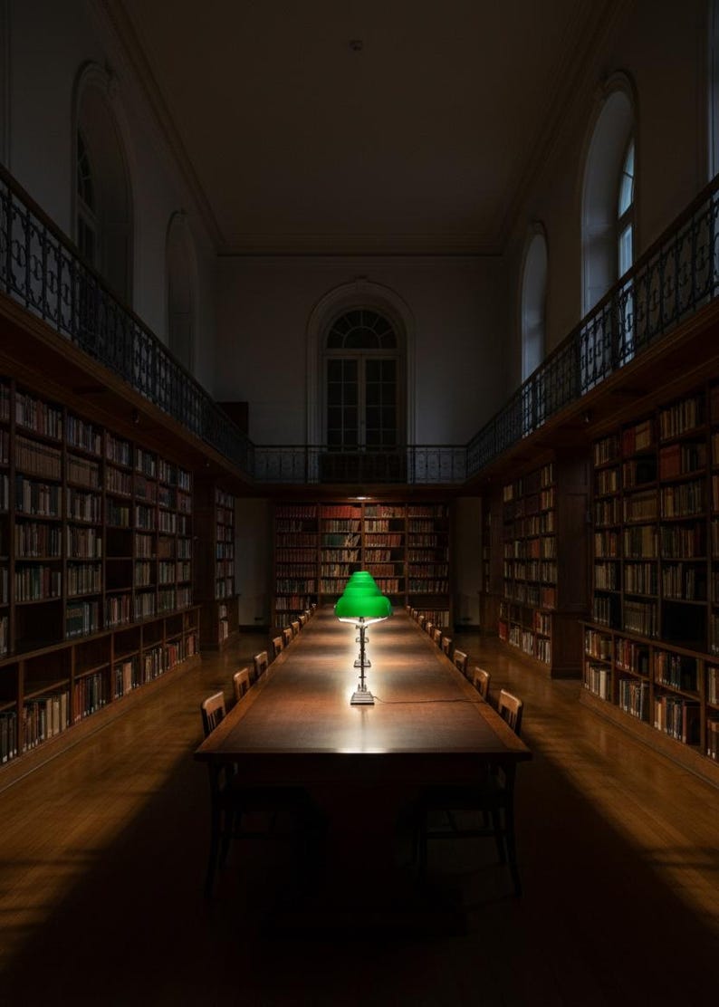 K&ouml;nnte beinhalten: Bibliotheksinterieur mit einem langen Holztisch, der von einer gr&uuml;nen Schreibtischlampe beleuchtet wird. B&uuml;cherregale mit B&uuml;chern s&auml;umen den Tisch. Der Raum hat eine klassische, akademische Atmosph&auml;re mit dunkler &Auml;sthetik.