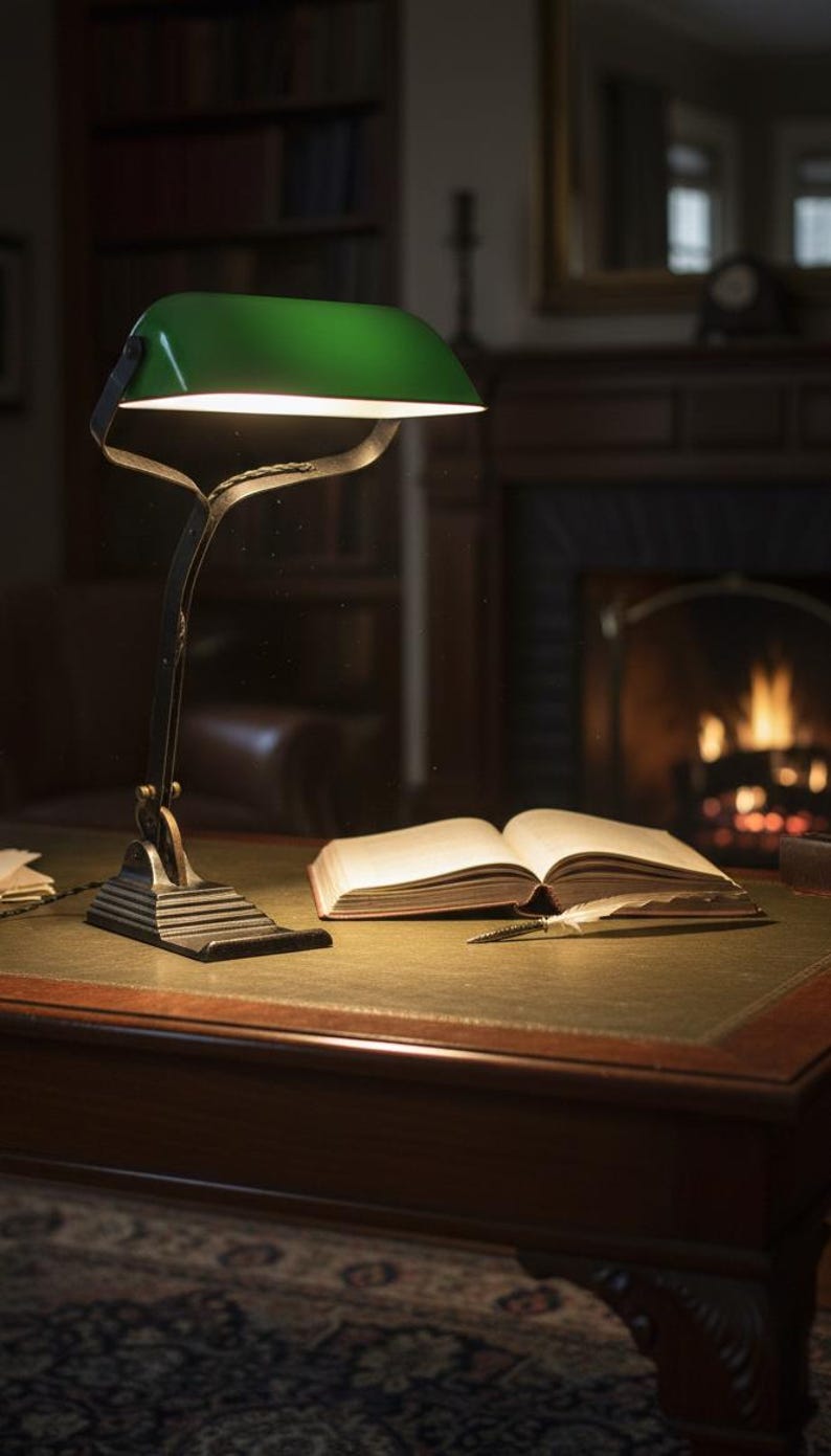 K&ouml;nnte beinhalten: Eine gr&uuml;ne Schreibtischlampe beleuchtet ein offenes Buch und einen Stift auf einem Holzschreibtisch. Die Lampe hat einen dunklen Metallsockel und einen gebogenen Arm. Der Schreibtisch steht in einem Raum mit Kamin und B&uuml;cherregal.
