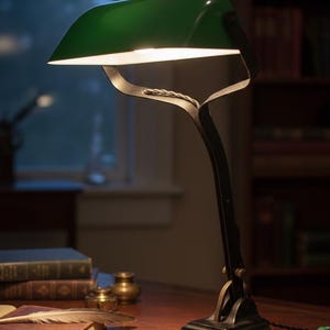K&ouml;nnte beinhalten: Eine Schreibtischlampe im Vintage-Stil mit gr&uuml;nem Lampenschirm und schwarzem Metallrahmen. Die Lampe steht auf einem Holzschreibtisch mit B&uuml;chern und einer Feder. Das Design erinnert an klassische Bankerlampen.