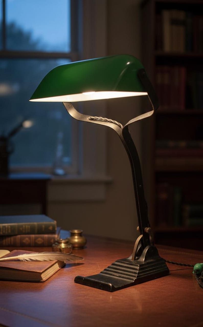 K&ouml;nnte beinhalten: Eine Schreibtischlampe im Vintage-Stil mit gr&uuml;nem Lampenschirm und schwarzem Metallrahmen. Die Lampe steht auf einem Holzschreibtisch mit B&uuml;chern und einer Feder. Das Design erinnert an klassische Bankerlampen.