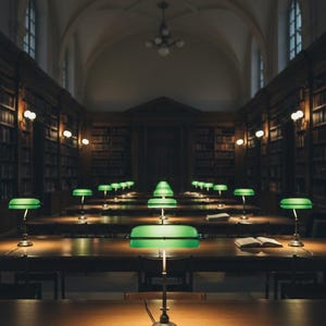 K&ouml;nnte beinhalten: Ein schwach beleuchteter Bibliotheksinnenraum mit Reihen von Holztischen und gr&uuml;nen Schreibtischlampen. B&uuml;cherregale s&auml;umen die W&auml;nde, und ein offenes Buch liegt auf einem Tisch. Die Architektur weist gew&ouml;lbte Decken und gro&szlig;e Fenster auf.