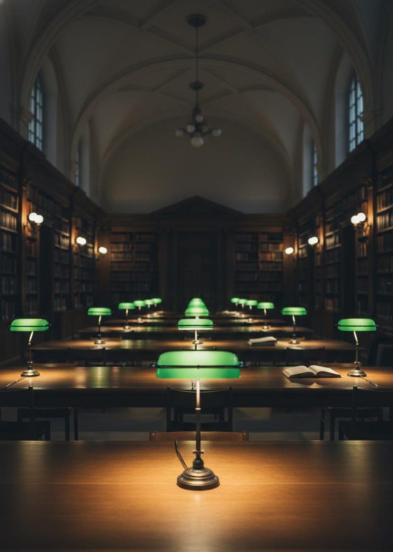 K&ouml;nnte beinhalten: Ein schwach beleuchteter Bibliotheksinnenraum mit Reihen von Holztischen und gr&uuml;nen Schreibtischlampen. B&uuml;cherregale s&auml;umen die W&auml;nde, und ein offenes Buch liegt auf einem Tisch. Die Architektur weist gew&ouml;lbte Decken und gro&szlig;e Fenster auf.