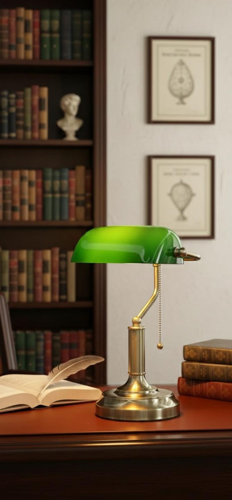 May include: A green-shaded banker's lamp with a brass base sits on a desk, next to an open book and a stack of books. A bookshelf filled with books is in the background. Two framed pictures hang on the wall.