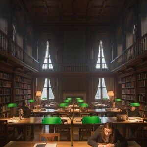 K&ouml;nnte beinhalten: Innenansicht einer Bibliothek mit Holztischen und gr&uuml;n schattierten Lampen. Personen sitzen an den Tischen, lesen und arbeiten. B&uuml;cherregale s&auml;umen die W&auml;nde, und im Hintergrund sind gro&szlig;e Fenster zu sehen.