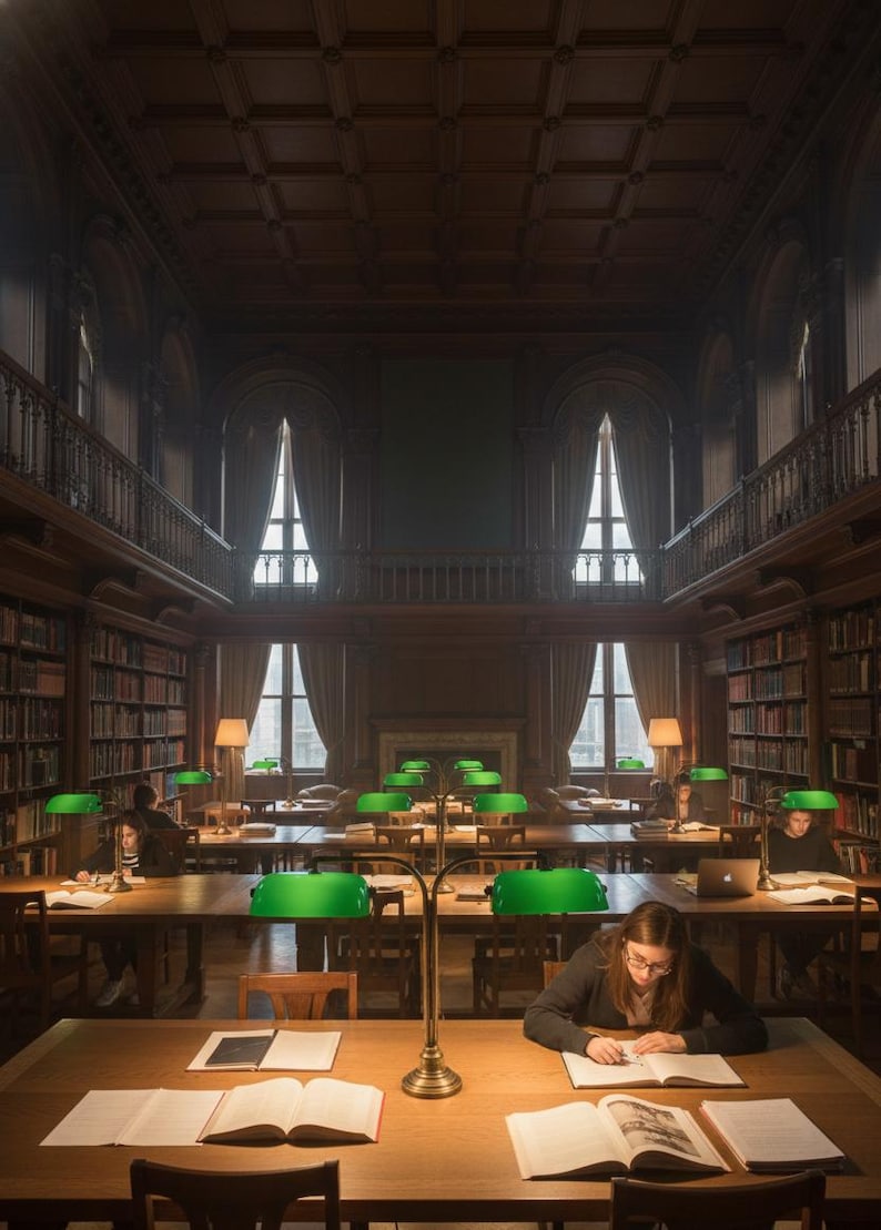 K&ouml;nnte beinhalten: Innenansicht einer Bibliothek mit Holztischen und gr&uuml;n schattierten Lampen. Personen sitzen an den Tischen, lesen und arbeiten. B&uuml;cherregale s&auml;umen die W&auml;nde, und im Hintergrund sind gro&szlig;e Fenster zu sehen.