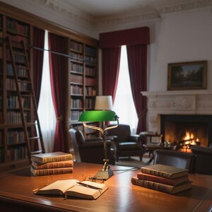 K&ouml;nnte beinhalten: Innenansicht einer Bibliothek mit einem Holztisch, B&uuml;chern und einer Schreibtischlampe mit gr&uuml;nem Schirm. Der Raum umfasst B&uuml;cherregale, einen Kamin und rote Vorh&auml;nge. Eine Holzleiter lehnt an den B&uuml;cherregalen und schafft eine klassische, einladende Atmosph&auml;re.