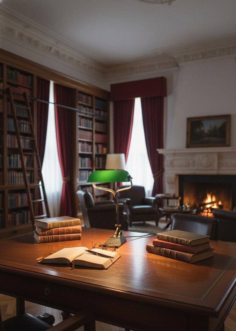 K&ouml;nnte beinhalten: Innenansicht einer Bibliothek mit einem Holztisch, B&uuml;chern und einer Schreibtischlampe mit gr&uuml;nem Schirm. Der Raum umfasst B&uuml;cherregale, einen Kamin und rote Vorh&auml;nge. Eine Holzleiter lehnt an den B&uuml;cherregalen und schafft eine klassische, einladende Atmosph&auml;re.