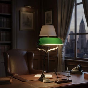 K&ouml;nnte beinhalten: Eine Schreibtischlampe im Vintage-Stil mit gr&uuml;nem Glasschirm steht auf einem dunklen Holzschreibtisch. Der Schreibtisch befindet sich in einem schwach beleuchteten Raum mit einem Ledersessel, einem Fenster mit Stadtblick und einem B&uuml;cherregal.