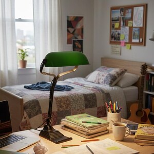 K&ouml;nnte beinhalten: Ein gem&uuml;tliches Schlafzimmer mit Schreibtisch, Bett und Fenster. Eine gr&uuml;n schattierte Schreibtischlampe beleuchtet den Schreibtisch, auf dem B&uuml;cher, ein Laptop und eine Tasse stehen. Das Bett hat eine Patchwork-Steppdecke, und eine Gitarre lehnt an einem B&uuml;cherregal.