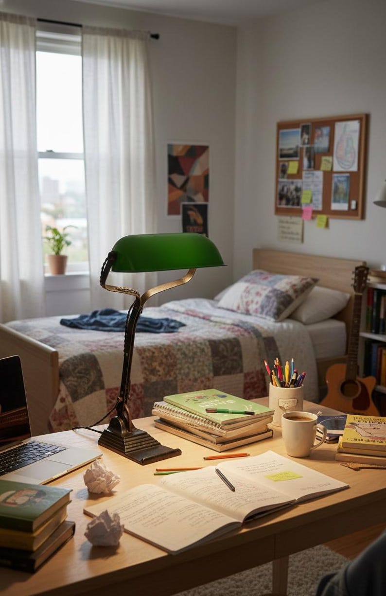 K&ouml;nnte beinhalten: Ein gem&uuml;tliches Schlafzimmer mit Schreibtisch, Bett und Fenster. Eine gr&uuml;n schattierte Schreibtischlampe beleuchtet den Schreibtisch, auf dem B&uuml;cher, ein Laptop und eine Tasse stehen. Das Bett hat eine Patchwork-Steppdecke, und eine Gitarre lehnt an einem B&uuml;cherregal.