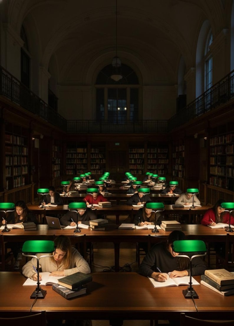 K&ouml;nnte beinhalten: Innenansicht einer Bibliothek mit Reihen von Schreibtischen und gr&uuml;nen Lampen. Studenten sitzen an den Schreibtischen, lernen und benutzen Laptops. B&uuml;cherregale s&auml;umen die W&auml;nde. Der Raum ist schwach beleuchtet und schafft eine konzentrierte Atmosph&auml;re.