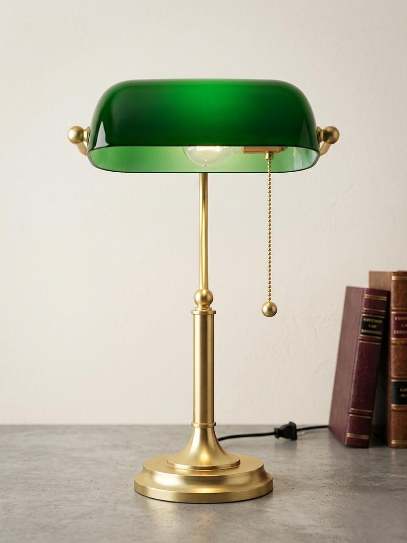 May include: A green glass banker's lamp with a brass base and accents. The lamp has a pull chain and is positioned on a gray surface next to several books. The lamp's shade is a deep, rich green.