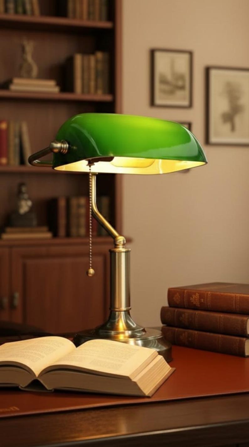 May include: A green-shaded desk lamp with a brass base and a pull chain sits on a desk next to an open book. The lamp illuminates the book and the surrounding area. Several books are stacked nearby.