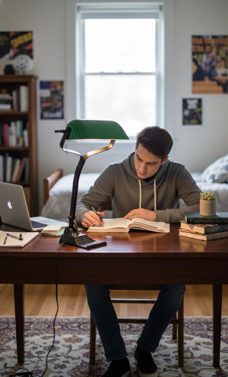 K&ouml;nnte beinhalten: Eine Person sitzt an einem Holztisch, der von einer gr&uuml;n schattierten Schreibtischlampe beleuchtet wird. Ein Laptop und B&uuml;cher liegen auf dem Schreibtisch. Die Person tr&auml;gt einen grauen Kapuzenpullover und blaue Jeans und schreibt in ein Buch. Eine kleine Sukkulente steht in der N&auml;he.