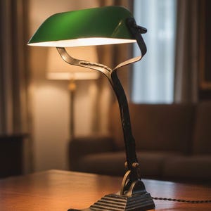 May include: A vintage-style desk lamp with a green glass shade and a black metal frame. The lamp is on a wooden desk. The lamp's shade is angled downward, and the light is on. The lamp has a classic, industrial design.