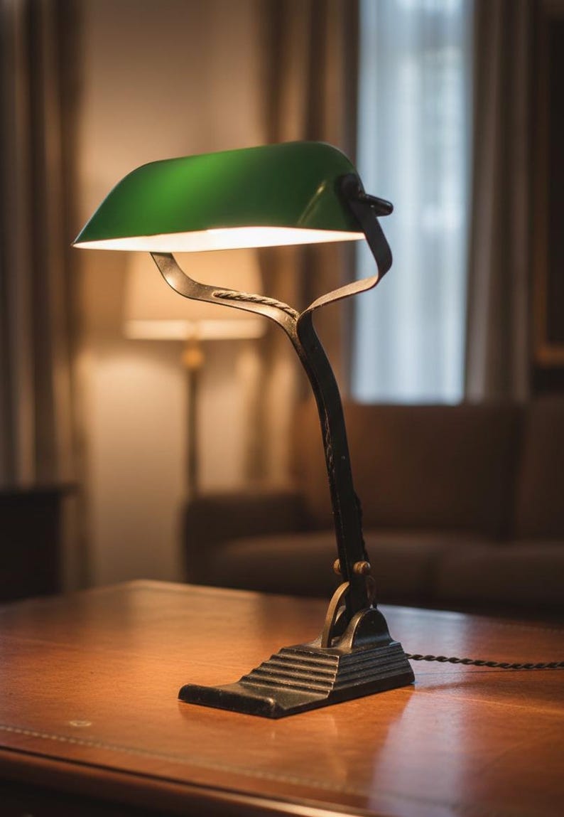 K&ouml;nnte beinhalten: Eine Schreibtischlampe im Vintage-Stil mit gr&uuml;nem Glasschirm und schwarzem Metallrahmen. Die Lampe steht auf einem Holztisch. Der Schirm ist nach unten geneigt und das Licht ist eingeschaltet. Die Lampe hat ein klassisches, industrielles Design.