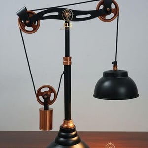 Black Brass Desk Lamp, Adjustable Pulley Design with Wood Details