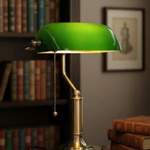 May include: A green-shaded banker's lamp with a brass base sits on a desk with an open book and a quill. A stack of books and a bookshelf filled with books are in the background. The scene evokes a classic library setting.