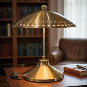 Mid Century Modern Brushed Brass Table Lamp - Perforated UFO Mushroom Shade Desk Lamp - Vintage Style Gold Task Light - MCM Office Decor