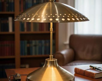 Könnte beinhalten: Eine messingfarbene Schreibtischlampe mit einem gewölbten Schirm mit kleinen, gleichmäßig verteilten Perforationen. Die Lampe hat einen schlanken Stiel und einen ausgestellten Sockel. Sie steht auf einem Holztisch, mit einem Buch und einem Stift in der Nähe.