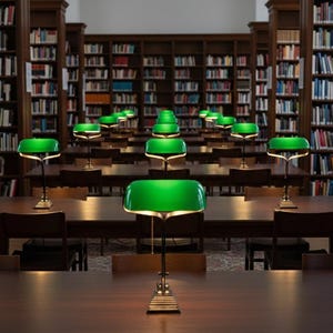 K&ouml;nnte beinhalten: Bibliotheksinterieur mit Reihen von Holztischen und St&uuml;hlen, die jeweils von einer gr&uuml;n schattierten Schreibtischlampe beleuchtet werden. B&uuml;cherregale mit B&uuml;chern s&auml;umen die W&auml;nde und schaffen eine studienfreundliche Atmosph&auml;re.
