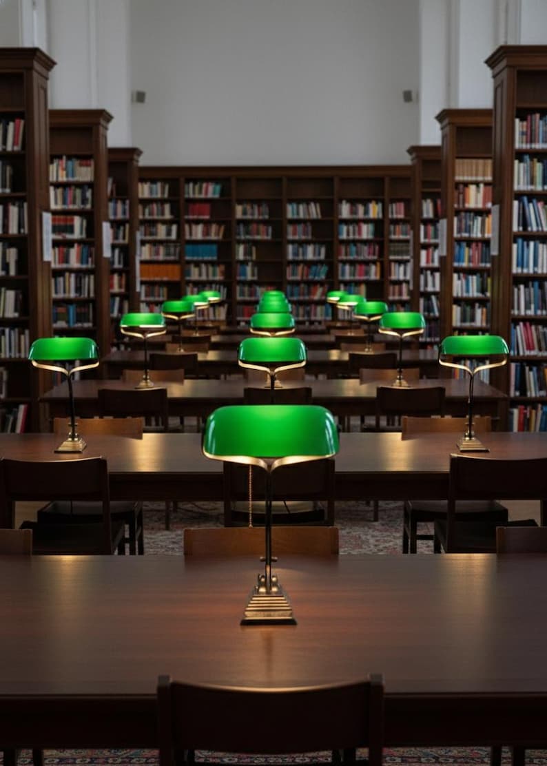 K&ouml;nnte beinhalten: Bibliotheksinterieur mit Reihen von Holztischen und St&uuml;hlen, die jeweils von einer gr&uuml;n schattierten Schreibtischlampe beleuchtet werden. B&uuml;cherregale mit B&uuml;chern s&auml;umen die W&auml;nde und schaffen eine studienfreundliche Atmosph&auml;re.