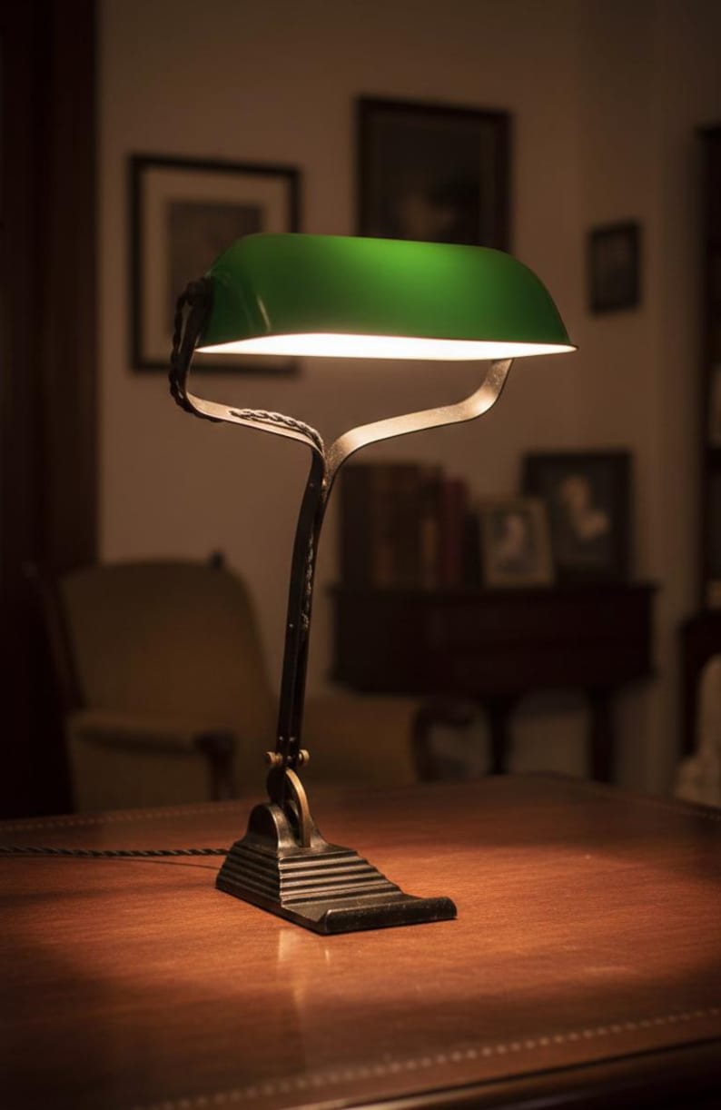 K&ouml;nnte beinhalten: Eine Schreibtischlampe im Vintage-Stil mit gr&uuml;nem Lampenschirm und schwarzem, verziertem Sockel. Die Lampe steht auf einem Holzschreibtisch und strahlt ein warmes Licht aus. Das Design erinnert an klassische Bankerlampen.