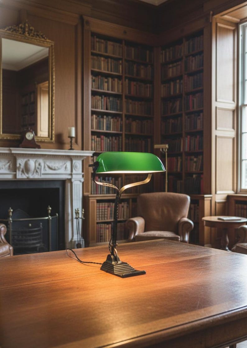 K&ouml;nnte beinhalten: Eine Schreibtischlampe mit gr&uuml;nem Schirm, schwarzem Sockel und messingfarbenen Akzenten steht auf einem gro&szlig;en Holztisch. Die Lampe befindet sich in einer Bibliothek mit B&uuml;cherregalen, einem Kamin und einem Ledersessel.