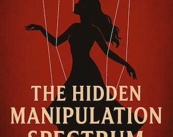 May include: A book cover design featuring a silhouette of a woman as a puppet, controlled by hands above. The title "THE HIDDEN MANIPULATION SPECTRUM" is displayed in large, bold letters. The background is a deep red.