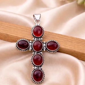 Garnet Crucifix Cross Pendant Silver Plated Gemstone Cross Necklace Charm DIY Jewelry Component