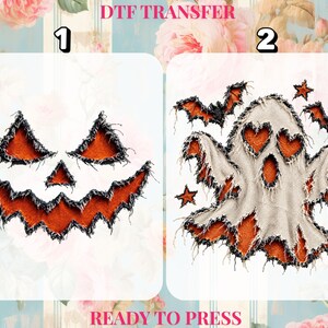 Peut inclure: Deux motifs de transfert DTF étiquetés 1 et 2. Le motif 1 est un visage de citrouille avec une texture de tissu orange et des bords noirs effilochés. Le motif 2 est un fantôme avec des yeux en forme de cœur, une texture orange et des chauves-souris.