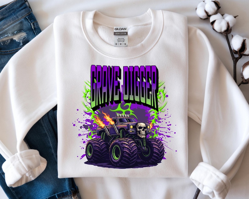 Grave Digger Monster Truck DTF Transfer: Skull Flame Truck Ready to Press
