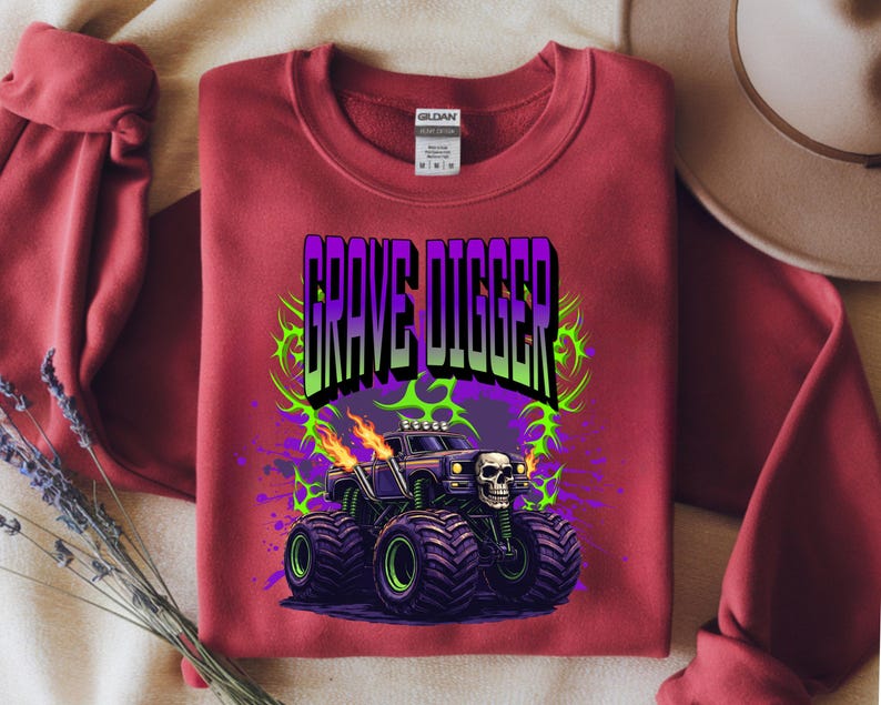 Grave Digger Monster Truck DTF Transfer: Skull Flame Truck Ready to Press