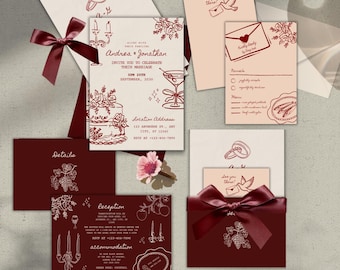 Set di inviti di nozze color bordeaux / Tema romantico vigneto (modificabile su Canvas, set stampabile)