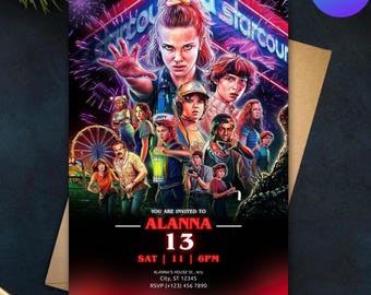 Stranger Things Birthday Invitation, thirteen Party Invite, Editable Canva Template, Upside Down Birthday Invite ,13th Birthday Party Invite