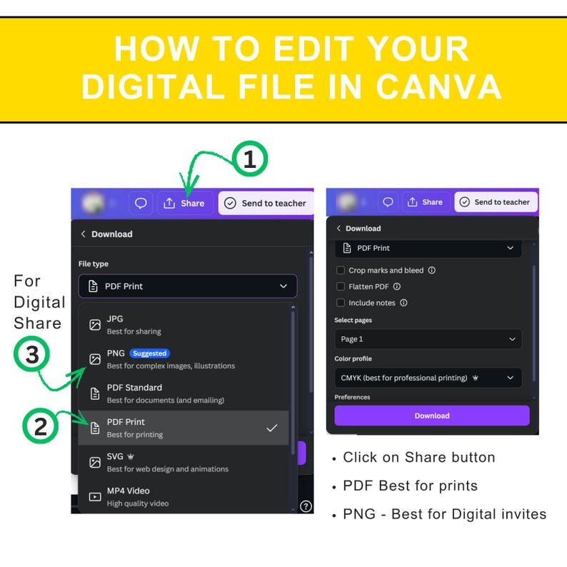 May include: A digital guide on editing files in Canva. The image shows a step-by-step tutorial with screenshots. The text highlights how to share, download, and select file types like PDF Print and PNG for digital invites.