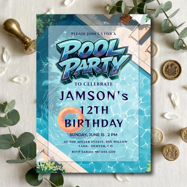 Editable blue pool party birthday invitation canva template, boys summer swim party invite with 3D text, poolside birthday celebration invitation with orange swim ring graphic, tropical summer bash invite with shimmering blue water background digital, customizable 5x7 blue pool party birthday celebration for boys, high resolution modern summer bash invitation for children, printable pool party invite with lounge chairs and pool graphics, summer birthday party invitations for kids ready to edit,