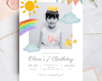 Rainbow 7th Birthday Invitation | Photo, Editable Canva Template