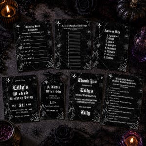 Halloween-födelsedagsfestpaket med elakt tecken | Redigerbar gotisk svart inbjudan, välkomstskylt, tackkort, etikettspel | Direktnedladdning
