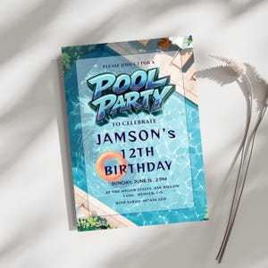 Editable blue pool party birthday invitation canva template, boys summer swim party invite with 3D text, poolside birthday celebration invitation with orange swim ring graphic, tropical summer bash invite with shimmering blue water background digital, customizable 5x7 blue pool party birthday celebration for boys, high resolution modern summer bash invitation for children, printable pool party invite with lounge chairs and pool graphics, summer birthday party invitations for kids ready to edit,