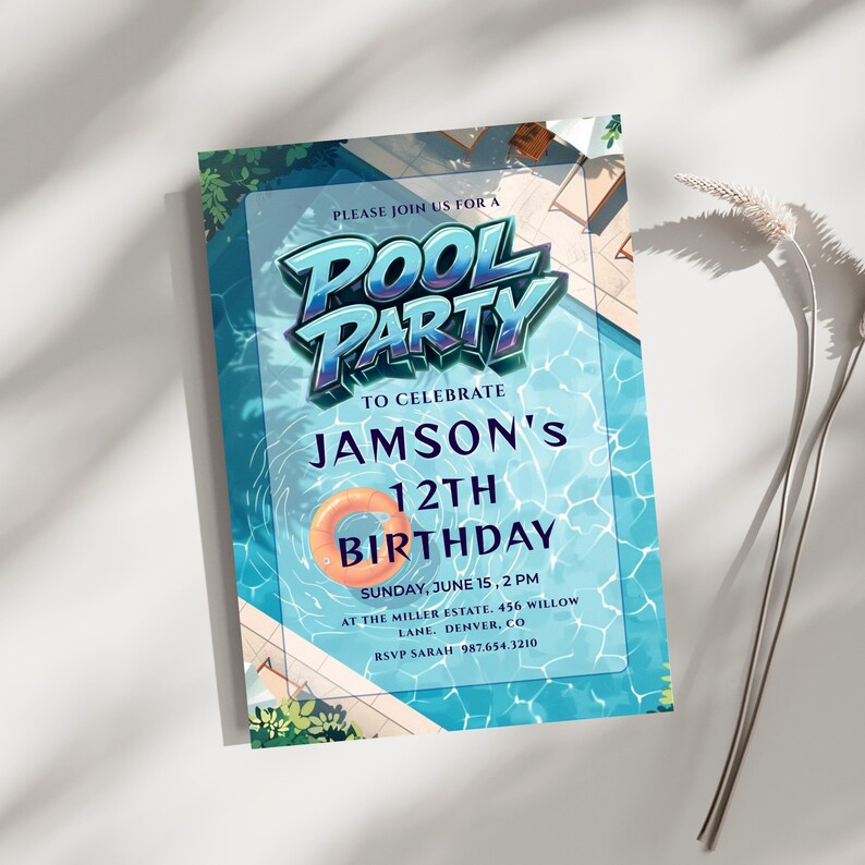 Editable blue pool party birthday invitation canva template, boys summer swim party invite with 3D text, poolside birthday celebration invitation with orange swim ring graphic, tropical summer bash invite with shimmering blue water background digital, customizable 5x7 blue pool party birthday celebration for boys, high resolution modern summer bash invitation for children, printable pool party invite with lounge chairs and pool graphics, summer birthday party invitations for kids ready to edit,