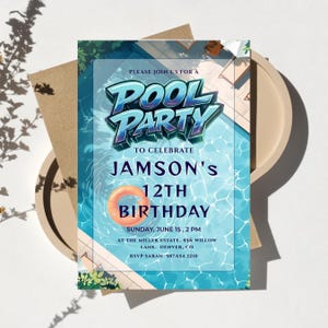 Editable blue pool party birthday invitation canva template, boys summer swim party invite with 3D text, poolside birthday celebration invitation with orange swim ring graphic, tropical summer bash invite with shimmering blue water background digital, customizable 5x7 blue pool party birthday celebration for boys, high resolution modern summer bash invitation for children, printable pool party invite with lounge chairs and pool graphics, summer birthday party invitations for kids ready to edit,
