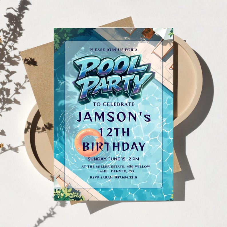 Editable blue pool party birthday invitation canva template, boys summer swim party invite with 3D text, poolside birthday celebration invitation with orange swim ring graphic, tropical summer bash invite with shimmering blue water background digital, customizable 5x7 blue pool party birthday celebration for boys, high resolution modern summer bash invitation for children, printable pool party invite with lounge chairs and pool graphics, summer birthday party invitations for kids ready to edit,