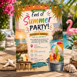 May include: A colorful End of Summer Party invitation flyer featuring a beach sunset, a tiki bar, and a metal bucket filled with ice and glass bottles. The text includes event details for a party on Saturday, August 30, 2025, at Lakeside Retreat.