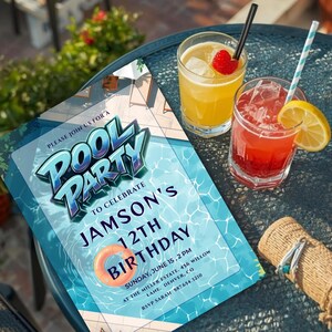 Editable blue pool party birthday invitation canva template, boys summer swim party invite with 3D text, poolside birthday celebration invitation with orange swim ring graphic, tropical summer bash invite with shimmering blue water background digital, customizable 5x7 blue pool party birthday celebration for boys, high resolution modern summer bash invitation for children, printable pool party invite with lounge chairs and pool graphics, summer birthday party invitations for kids ready to edit,