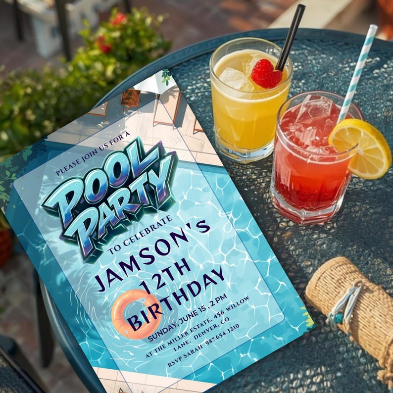 Editable blue pool party birthday invitation canva template, boys summer swim party invite with 3D text, poolside birthday celebration invitation with orange swim ring graphic, tropical summer bash invite with shimmering blue water background digital, customizable 5x7 blue pool party birthday celebration for boys, high resolution modern summer bash invitation for children, printable pool party invite with lounge chairs and pool graphics, summer birthday party invitations for kids ready to edit,