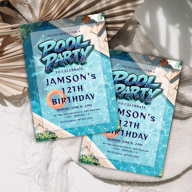 Editable blue pool party birthday invitation canva template, boys summer swim party invite with 3D text, poolside birthday celebration invitation with orange swim ring graphic, tropical summer bash invite with shimmering blue water background digital, customizable 5x7 blue pool party birthday celebration for boys, high resolution modern summer bash invitation for children, printable pool party invite with lounge chairs and pool graphics, summer birthday party invitations for kids ready to edit,